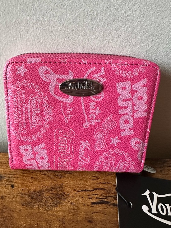 Von Dutch Handbags - Von Dutch Pink Logo Zip-Around Wallet with White Logos Faux Leather NWT